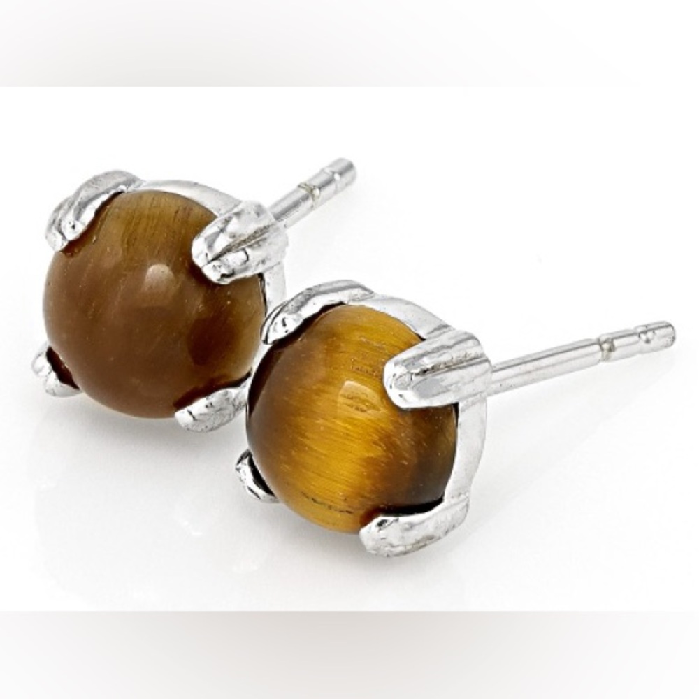NEW JTV Brown Tiger's Eye Platinum Over Sterling Silver Stud Earrings with Box